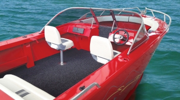 Tomahawk Bowrider boat in red, showing driver and passenger seat positions and deck
